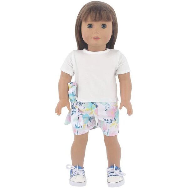 Amerikanische Puppenkleidung 18 Zoll – 2-teiliges Set aus T-Shirt und Shorts mit Blumenmuster