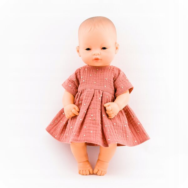 Kleid für Miniland Marsala 32 cm Puppe, aus Baumwollmusselin mit goldenen Punkten