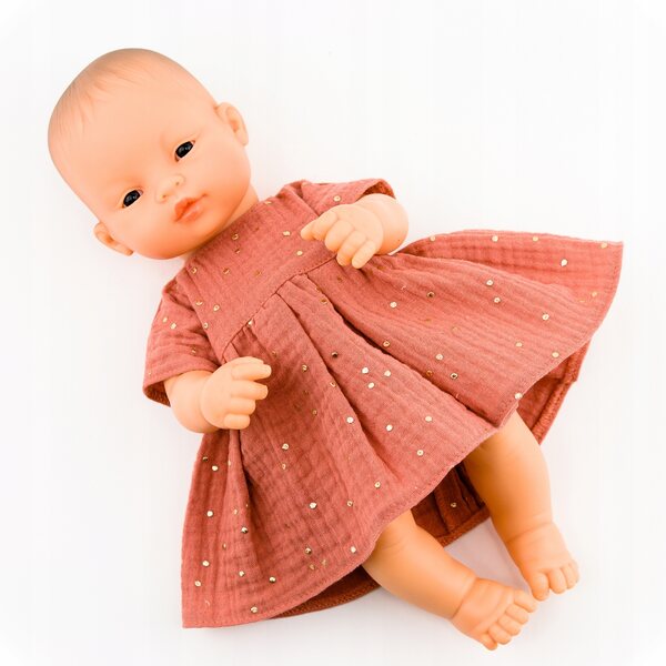 Kleid für Miniland Marsala 32 cm Puppe, aus Baumwollmusselin mit goldenen Punkten
