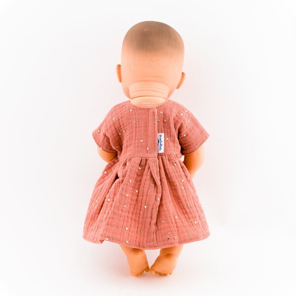 Kleid für Miniland Marsala 32 cm Puppe, aus Baumwollmusselin mit goldenen Punkten