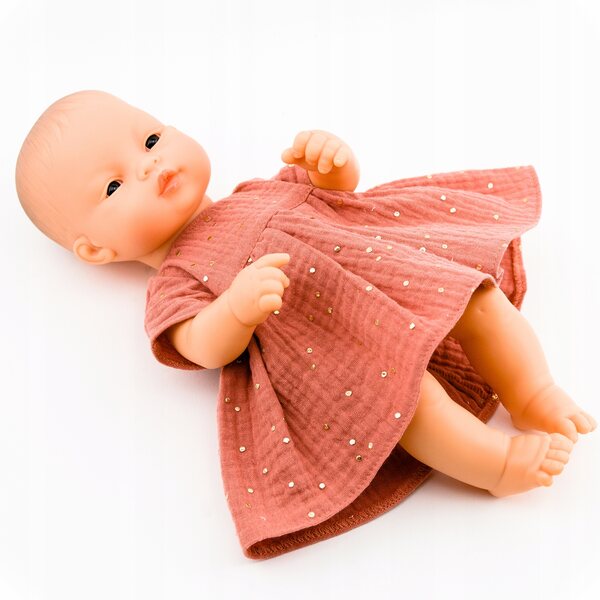 Kleid für Miniland Marsala 32 cm Puppe, aus Baumwollmusselin mit goldenen Punkten