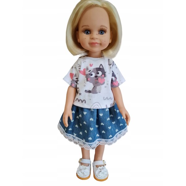 Bluzzetta für Paola Reina 32 cm Puppe mit grauem Katzenaufdruck, Originalkleid