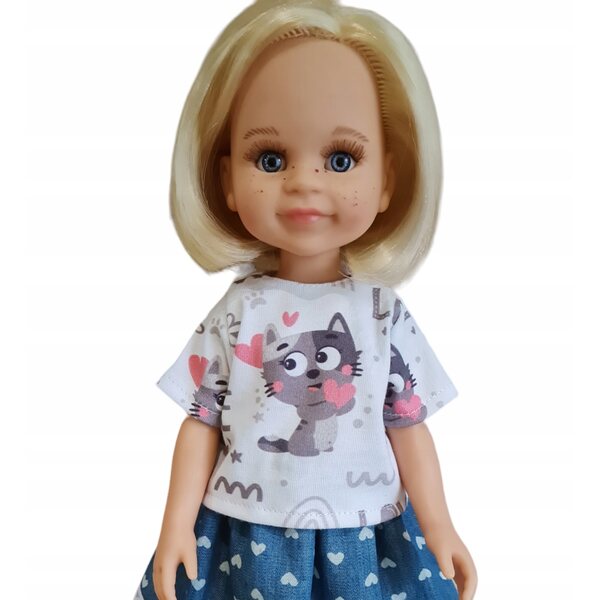Bluzzetta für Paola Reina 32 cm Puppe mit grauem Katzenaufdruck, Originalkleid