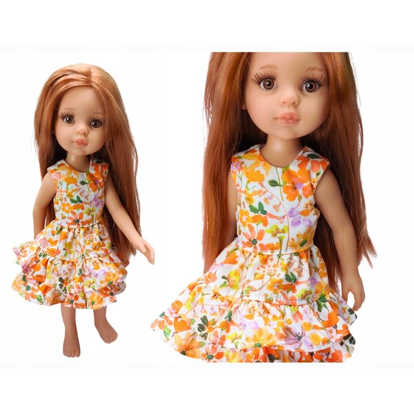 Kleid für Paola Reina 32 cm Puppe aus Baumwolle mit Volants und orangefarbenen Blumen