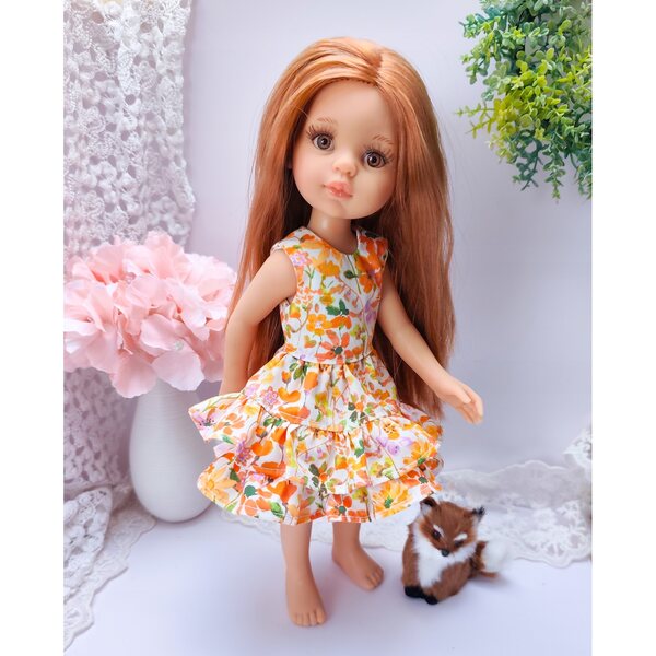 Kleid für Paola Reina 32 cm Puppe aus Baumwolle mit Volants und orangefarbenen Blumen