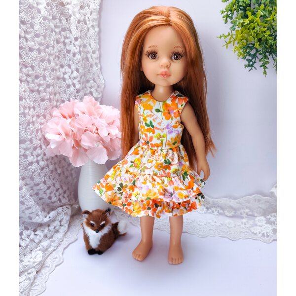 Kleid für Paola Reina 32 cm Puppe aus Baumwolle mit Volants und orangefarbenen Blumen