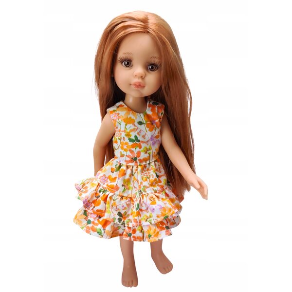 Kleid für Paola Reina 32 cm Puppe aus Baumwolle mit Volants und orangefarbenen Blumen