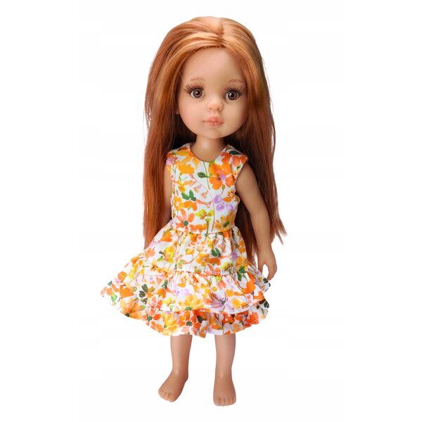 Kleid für Paola Reina 32 cm Puppe aus Baumwolle mit Volants und orangefarbenen Blumen