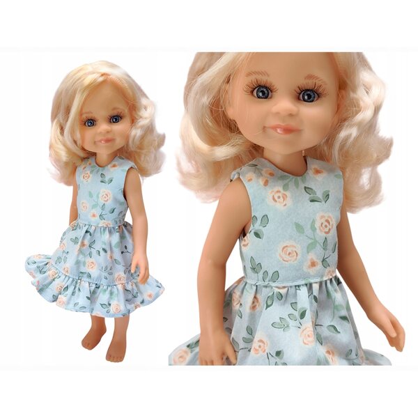 Kleid für Paola Reina 32 cm Puppe mit Rüschen und meerblauen Blumen