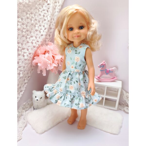Kleid für Paola Reina 32 cm Puppe mit Rüschen und meerblauen Blumen