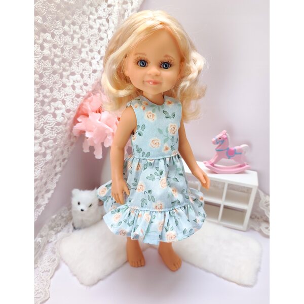 Kleid für Paola Reina 32 cm Puppe mit Rüschen und meerblauen Blumen