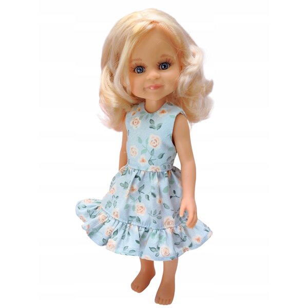 Kleid für Paola Reina 32 cm Puppe mit Rüschen und meerblauen Blumen