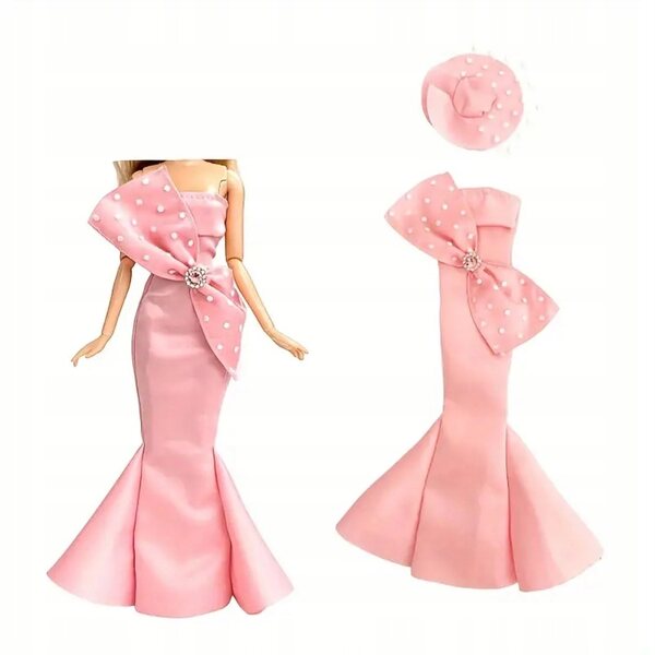 Elegantes rosa Abendkleid für Barbie-Puppen 29-39 cm mit Hut und Schuhen