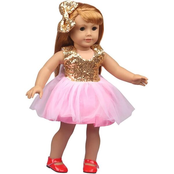 Paillettenkleid und Accessoires für 18-Zoll-Puppen, 2-teiliges Set Gold