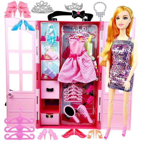 Zusammenklappbarer Puppenschrank mit Zubehör und rosafarbenem Griff, ideal für unterwegs