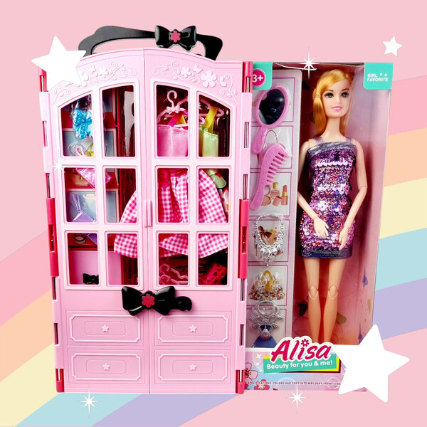 Zusammenklappbarer Puppenschrank mit Zubehör und rosafarbenem Griff, ideal für unterwegs