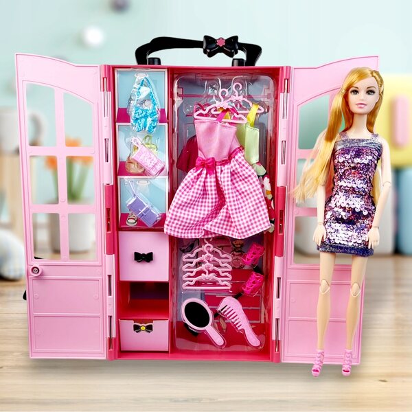 Zusammenklappbarer Puppenschrank mit Zubehör und rosafarbenem Griff, ideal für unterwegs