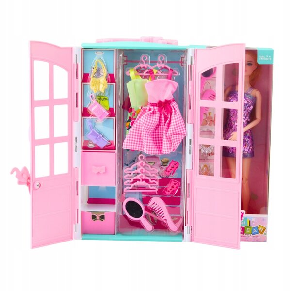 Zusammenklappbarer Puppenschrank mit Zubehör und rosafarbenem Griff, ideal für unterwegs