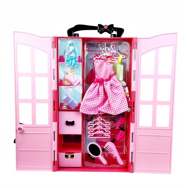Zusammenklappbarer Puppenschrank mit Zubehör und rosafarbenem Griff, ideal für unterwegs