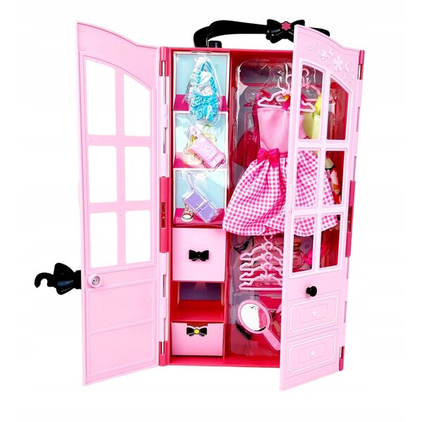 Zusammenklappbarer Puppenschrank mit Zubehör und rosafarbenem Griff, ideal für unterwegs