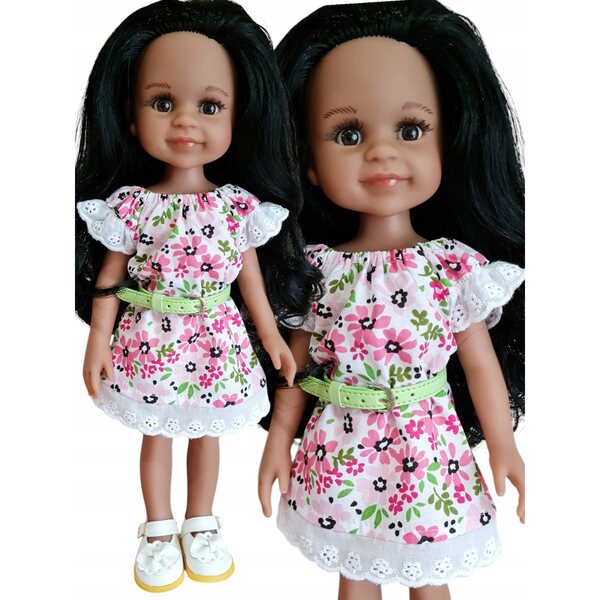 Kleid mit Stickerei für Paola Reina 32 cm Puppe mit hellblauem Gürtel