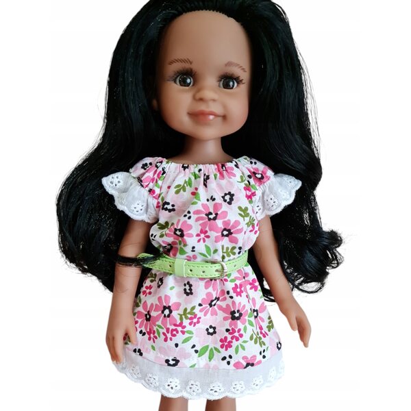 Kleid mit Stickerei für Paola Reina 32 cm Puppe mit hellblauem Gürtel