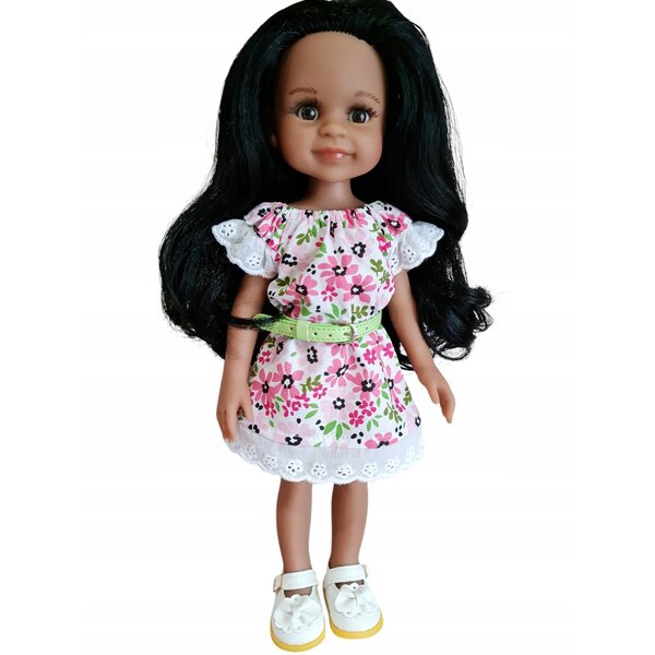 Kleid mit Stickerei für Paola Reina 32 cm Puppe mit hellblauem Gürtel