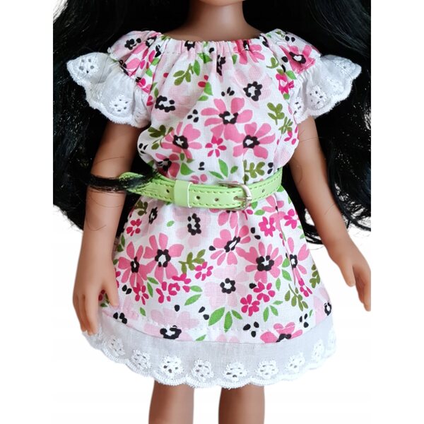 Kleid mit Stickerei für Paola Reina 32 cm Puppe mit hellblauem Gürtel
