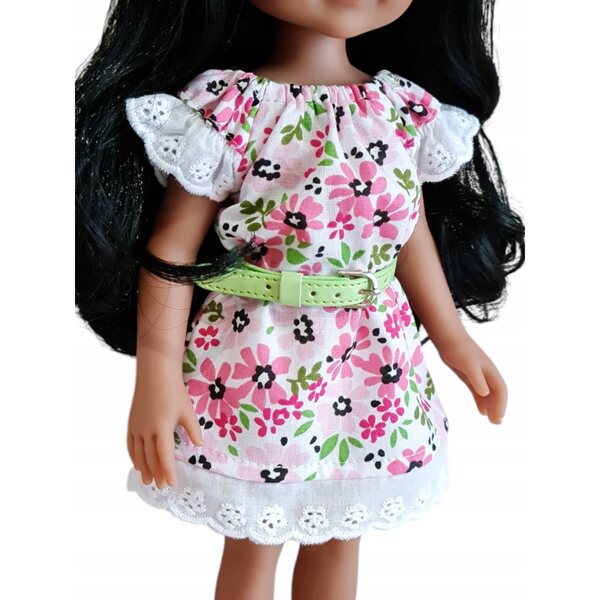 Kleid mit Stickerei für Paola Reina 32 cm Puppe mit hellblauem Gürtel