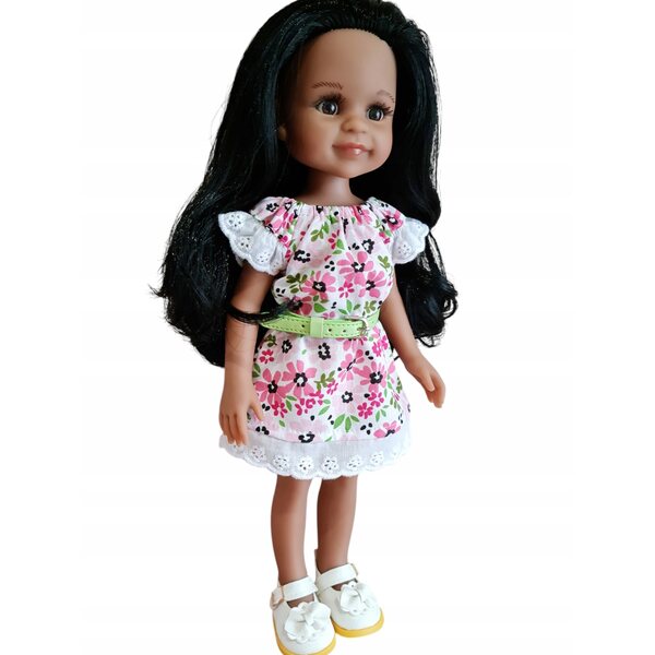 Kleid mit Stickerei für Paola Reina 32 cm Puppe mit hellblauem Gürtel
