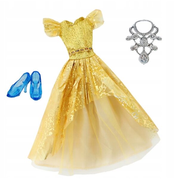 Goldenes Ballkleid für eine 28–39 cm große Puppe mit Schuhen und Halskette