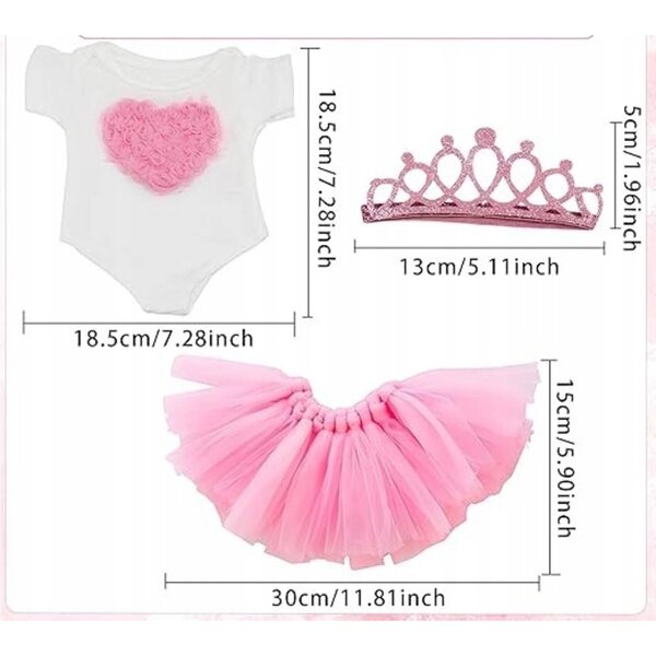 Set vestiti per bambole 43 cm body e gonna con corona rosa e bianco