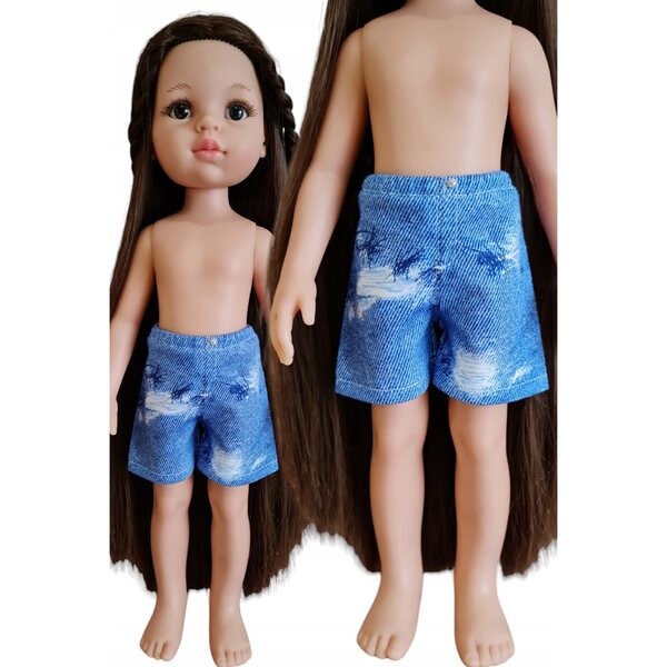 Kleidung für eine 32 cm große Paola Reina-Puppe: kurze Jeansshorts mit Perlenverzierung