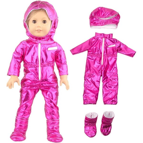 18-Zoll-Puppenkleidung - Rosa-roter 3-teiliger reflektierender Raumanzug