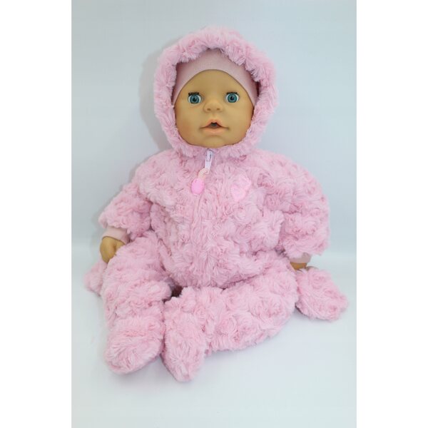Kleidung für Puppen 45-48 cm, rosa Plüschanzug mit Kapuze und Handschuhen