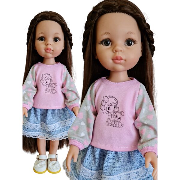 Bluzza für Paola Reina 32 cm Puppe aus hochwertigem rosa und grauem Stoff