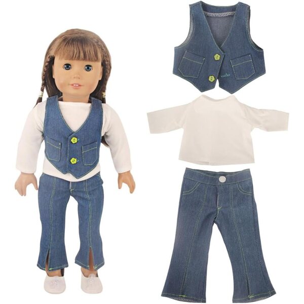 3-teiliges Kleidungsset für 18-Zoll-Puppen – Weste, Jeans, Freizeitkleidung