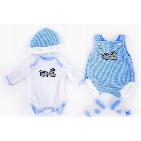 Kleidung für eine 45 cm große Jungenpuppe – blau-weißes Set mit einem Flugzeug