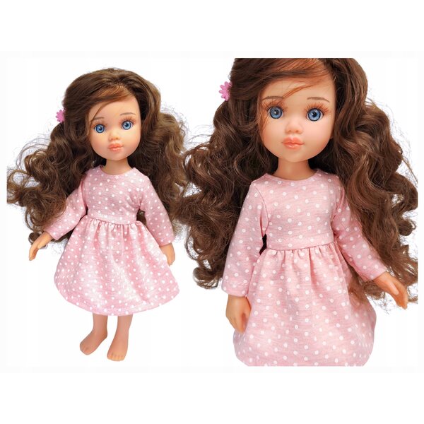 Rosa gepunktetes Kleid für Paola Reina 32 cm Puppe mit langen Ärmeln aus Baumwolle