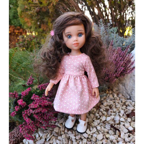 Rosa gepunktetes Kleid für Paola Reina 32 cm Puppe mit langen Ärmeln aus Baumwolle
