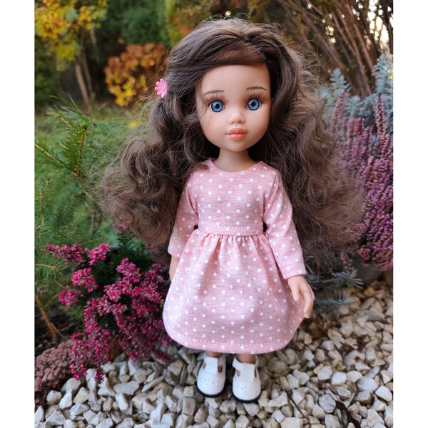 Rosa gepunktetes Kleid für Paola Reina 32 cm Puppe mit langen Ärmeln aus Baumwolle