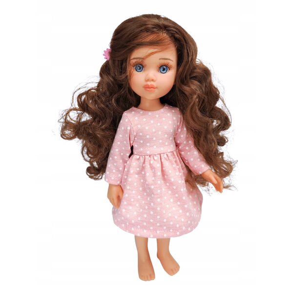 Rosa gepunktetes Kleid für Paola Reina 32 cm Puppe mit langen Ärmeln aus Baumwolle