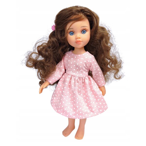 Rosa gepunktetes Kleid für Paola Reina 32 cm Puppe mit langen Ärmeln aus Baumwolle