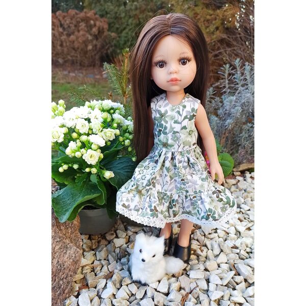 Kleid für Paola Reina 32 cm Puppe mit Volants und grünen Baumwollblumen