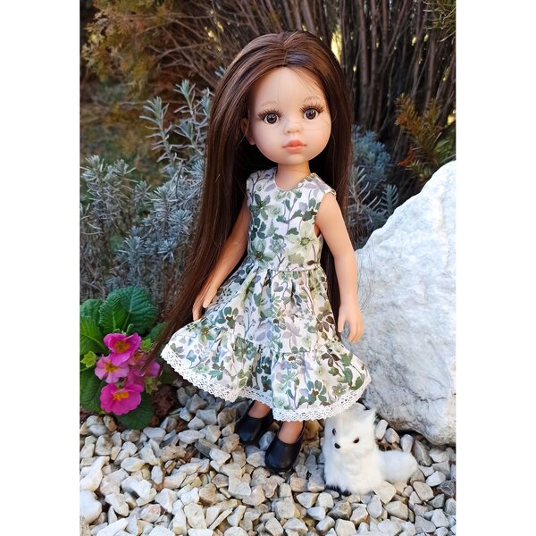Kleid für Paola Reina 32 cm Puppe mit Volants und grünen Baumwollblumen