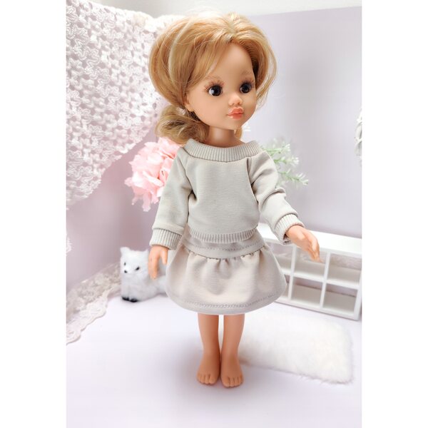 Kleidung für Paola Reina 32 cm Puppe – beiges Outfit mit Sweatshirt und Rock