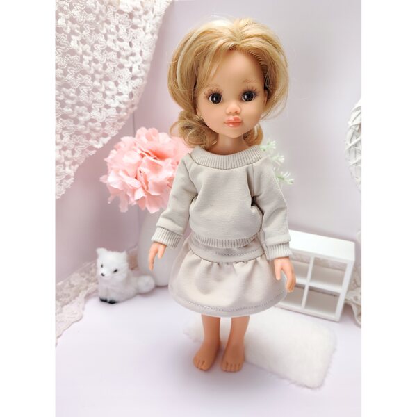 Kleidung für Paola Reina 32 cm Puppe – beiges Outfit mit Sweatshirt und Rock