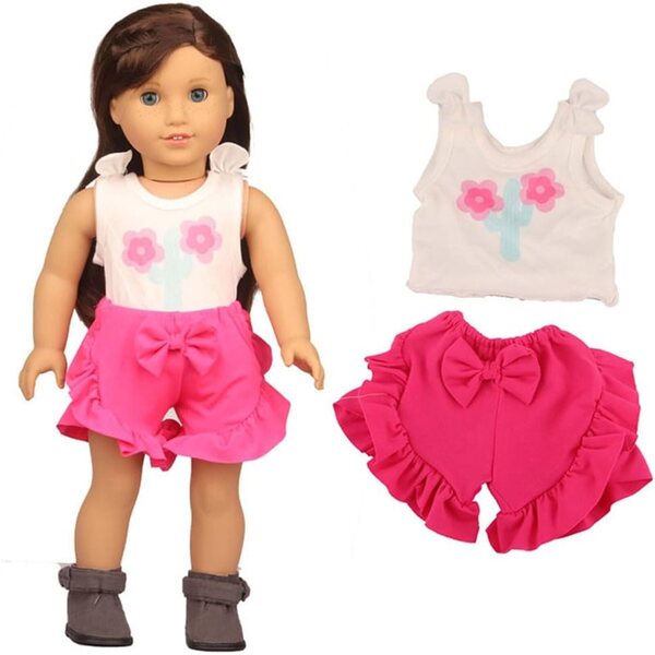 18-Zoll-Puppenkleidung – Geblümte Hosenträger-Shorts, 2-teiliges Set