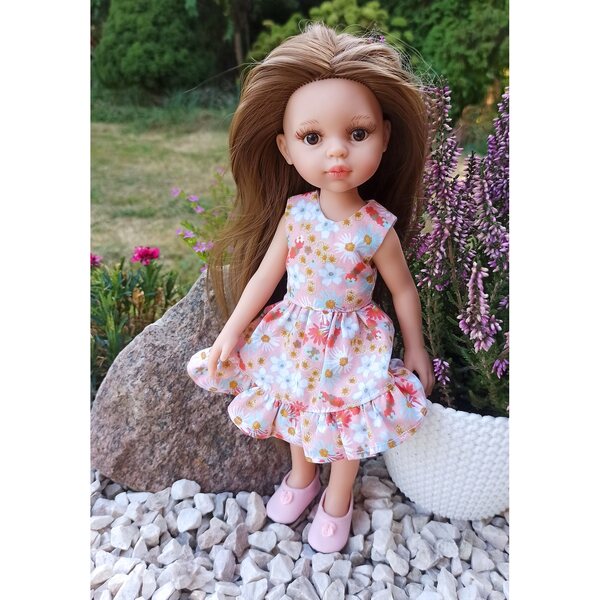 Kleid für Paola Reina Amigas 32 cm Puppe aus orangefarbener Baumwolle mit Blumen