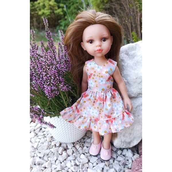 Kleid für Paola Reina Amigas 32 cm Puppe aus orangefarbener Baumwolle mit Blumen